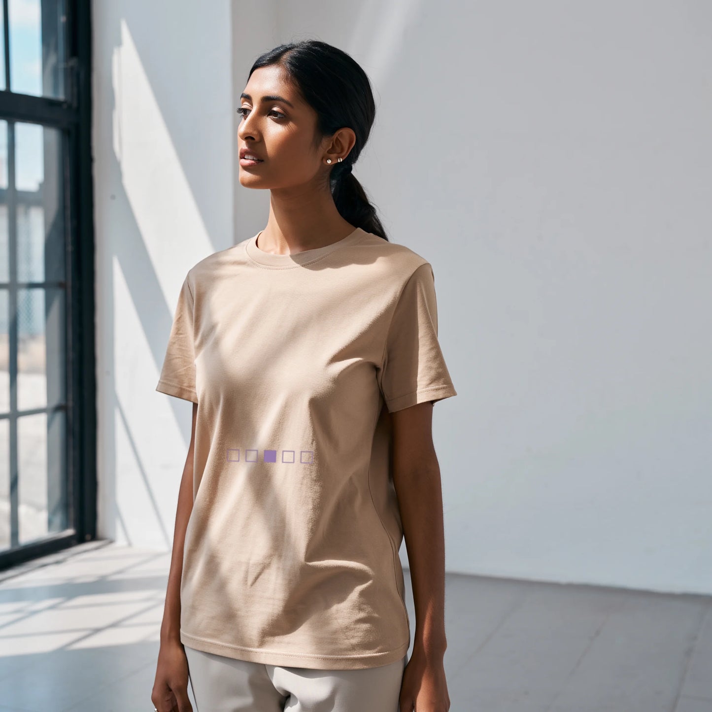 Lilak Unisex Beige Supima Cotton T-Shirt – Minimal Chess Stripe Design, Premium 160 GSM Tee