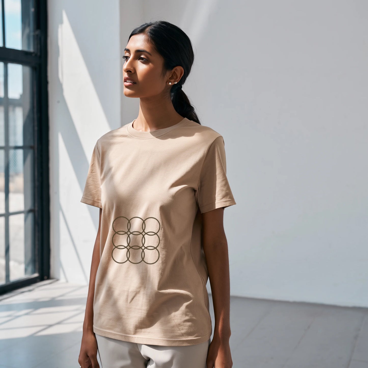 Lilak Unisex Beige Supima Cotton T-Shirt – Minimal Geometric Circles Design, Premium Luxury Tee