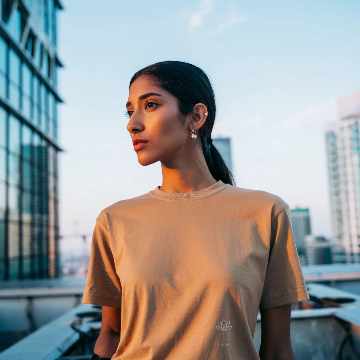 Beige women’s luxury Supima cotton t-shirt, minimalist premium casual fashion with soft breathable cotton feel