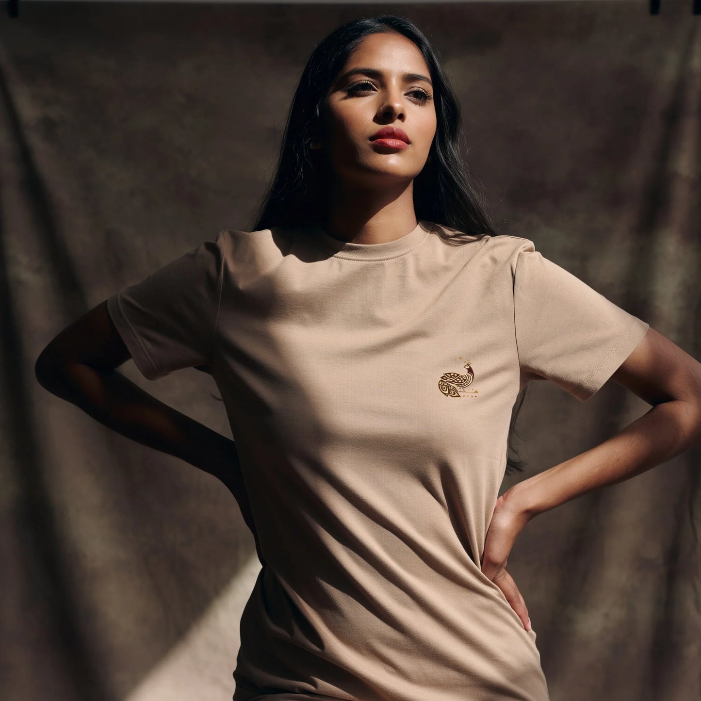 Supima cotton beige t shirt minimal peacock design left chest premium unisex tee