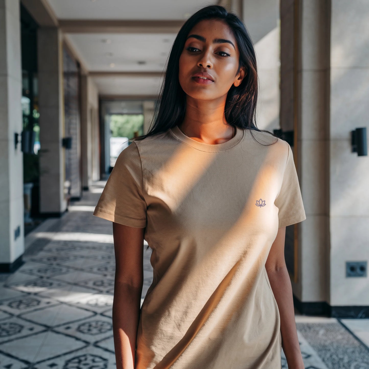 Beige women’s premium Supima cotton t-shirt with clean minimalist branding, breathable luxury lifestyle fashion