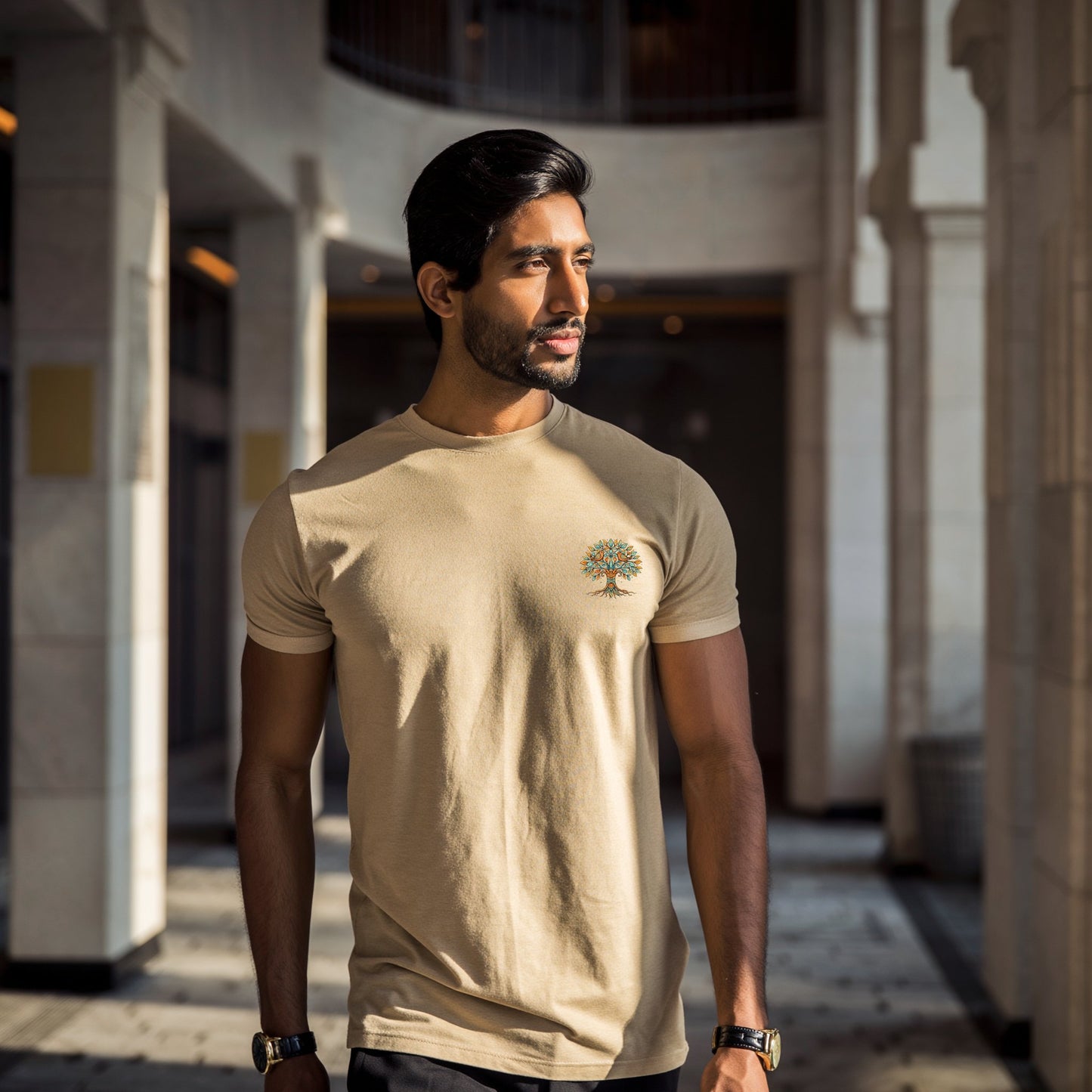 Tree of life emblem Supima cotton t-shirt with minimal left chest nature design