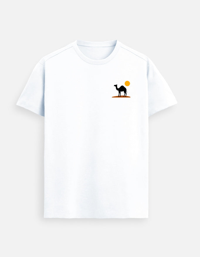 White men’s premium Supima cotton t-shirt with minimalist camel graphic, ultra-soft luxury casual wear in modern architectural setting