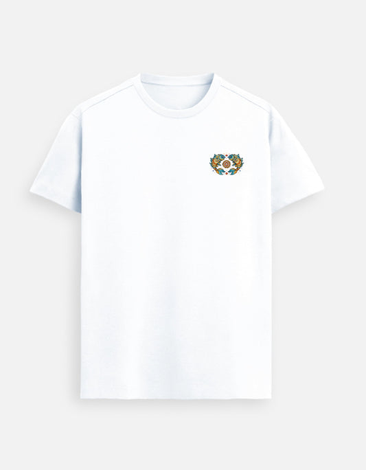 Twin fish emblem Supima cotton t-shirt with minimal left chest symbolic design