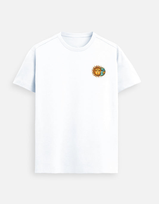 Sun and moon emblem Supima cotton t-shirt with minimal left chest celestial design