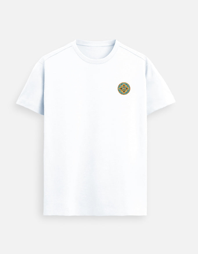 Minimal mandala emblem Supima cotton t-shirt with small left chest design