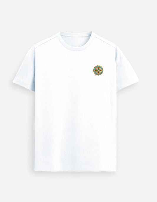 Minimal mandala emblem Supima cotton t-shirt with small left chest design
