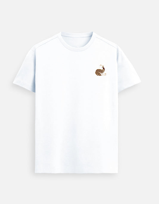 Supima cotton white t shirt minimal peacock design left chest premium unisex tee