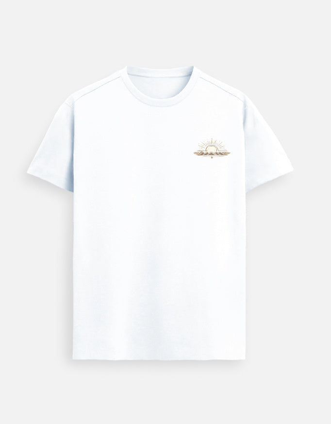 Supima cotton white t shirt sunrise mountain design left chest premium unisex tee