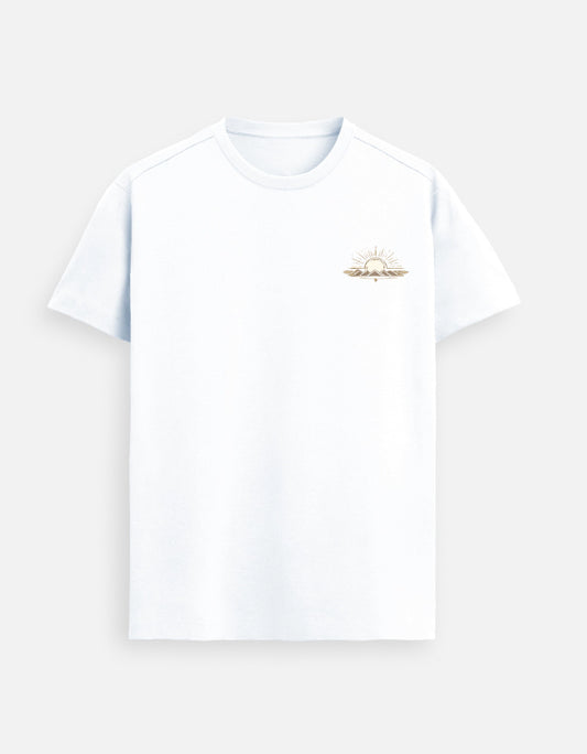 Supima cotton white t shirt sunrise mountain design left chest premium unisex tee