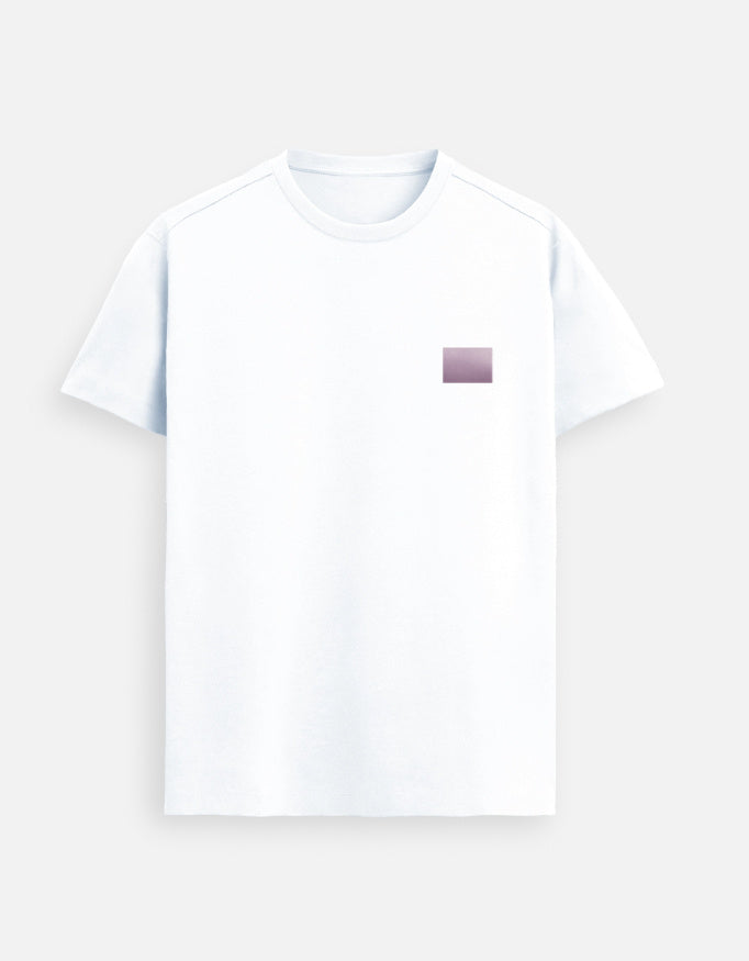 Men’s White minimalist t-shirt featuring a subtle lilac square chest logo, premium cotton casual wear with modern clean design