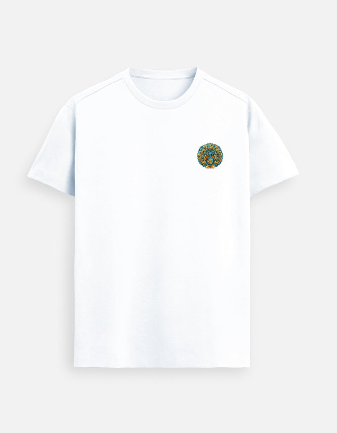 Peacock mandala emblem Supima cotton t-shirt with minimal left chest design