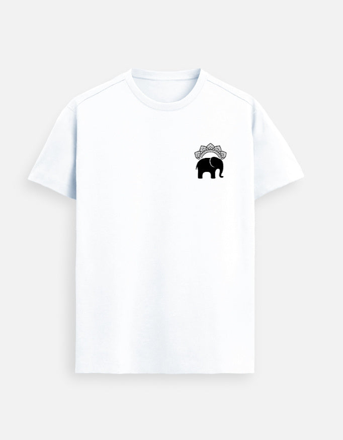 Man wearing a White Lilak Supima cotton T-shirt with a small black elephant emblem on the left chest, standing against a soft neutral studio background