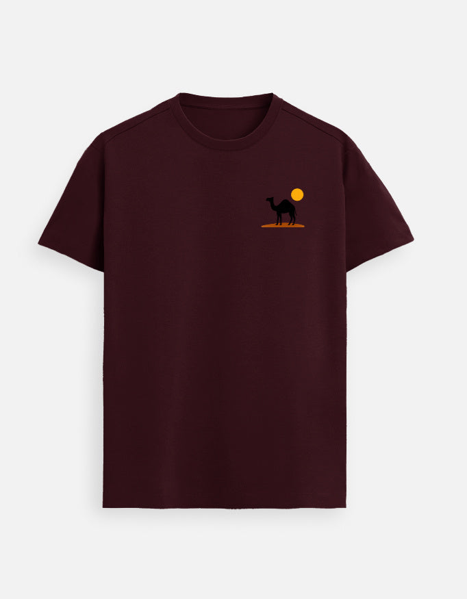 Maroon men’s Supima cotton t-shirt with understated camel emblem, rich-tone premium casual streetwear