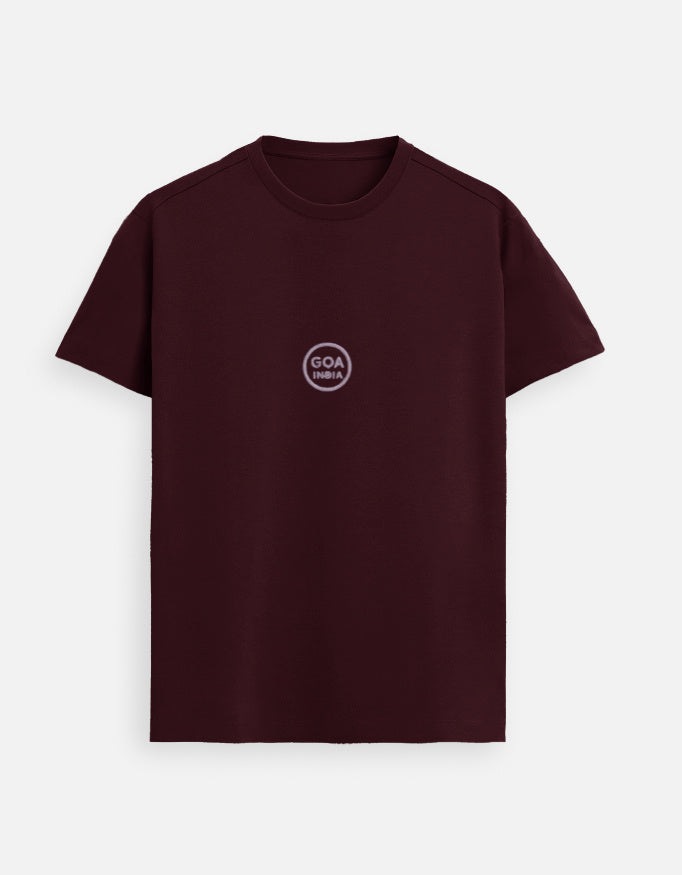 Maroon men’s Supima cotton t-shirt with understated circular graphic, rich-tone premium casual streetwear