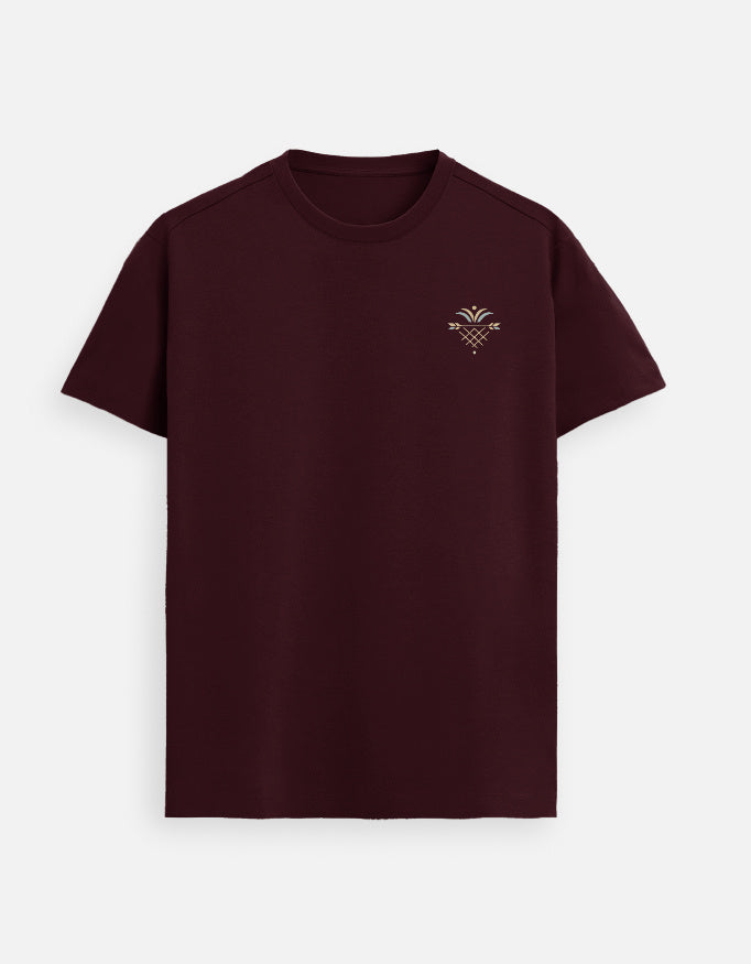 Supima cotton maroon t shirt minimal geometric symbol design left chest premium unisex tee