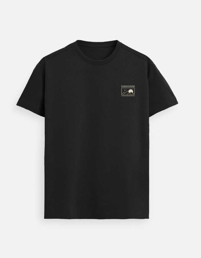 Supima cotton black t shirt minimal mountain frame design left chest premium unisex tee