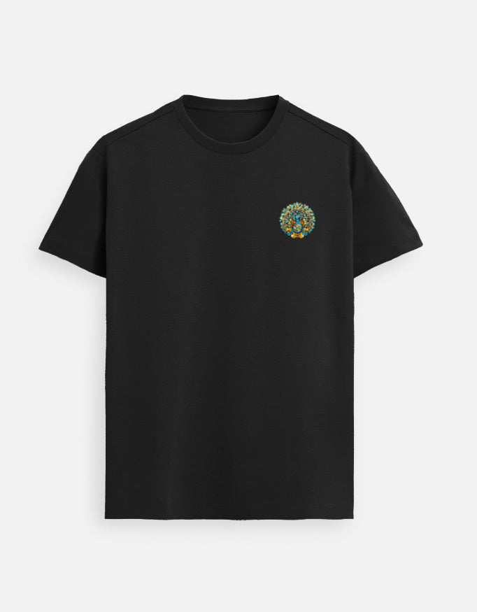 Peacock mandala emblem Supima cotton t-shirt with minimal left chest design