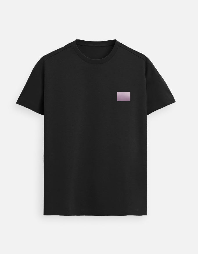 Men’s Black minimalist t-shirt featuring a subtle lilac square chest logo, premium cotton casual wear with modern clean design