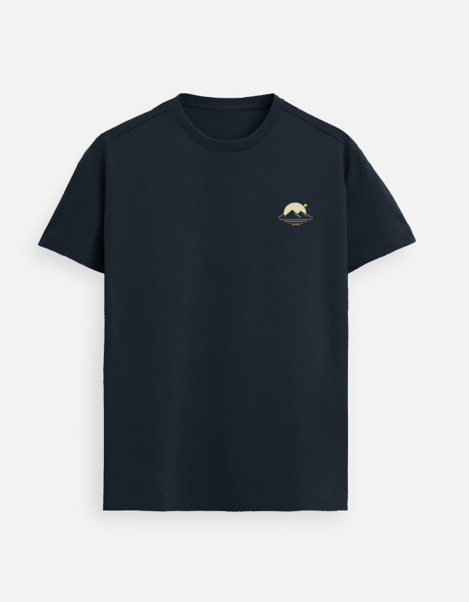 Supima cotton navy blue t shirt mountain landscape graphic minimal design premium unisex tee