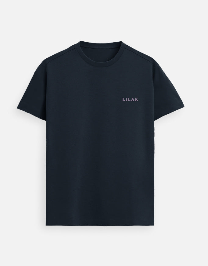 Navy blue men’s premium Supima cotton t-shirt with refined minimalist logo, elegant casual luxury wear