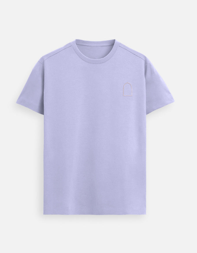 Lavender men’s premium Supima cotton t-shirt with subtle embroidered emblem, soft pastel luxury casual style