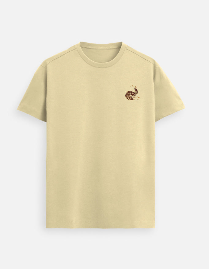 Supima cotton beige t shirt minimal peacock design left chest premium unisex tee
