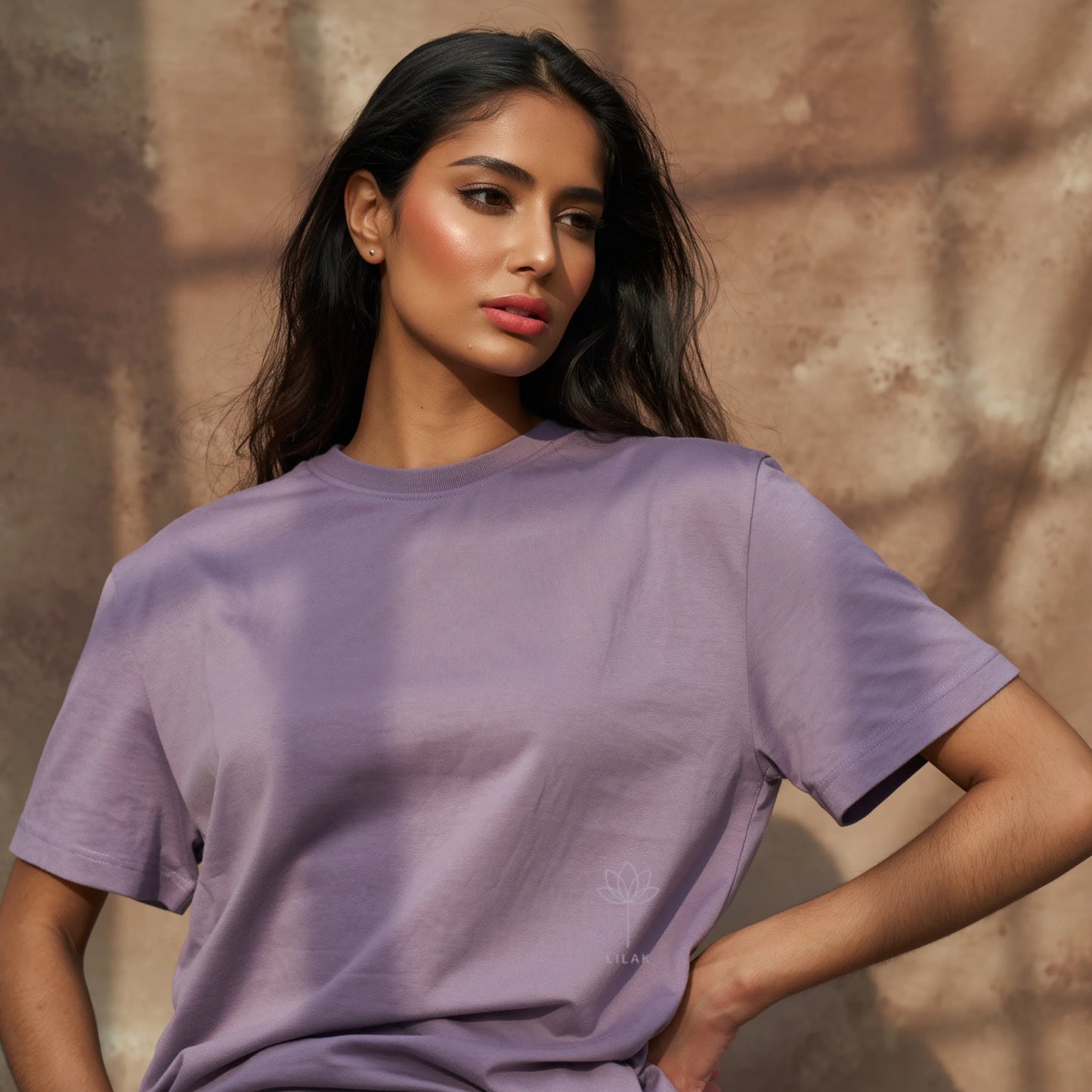 Lavender women’s premium Supima cotton t-shirt, pastel minimalist design in high-end lifestyle fashion setting