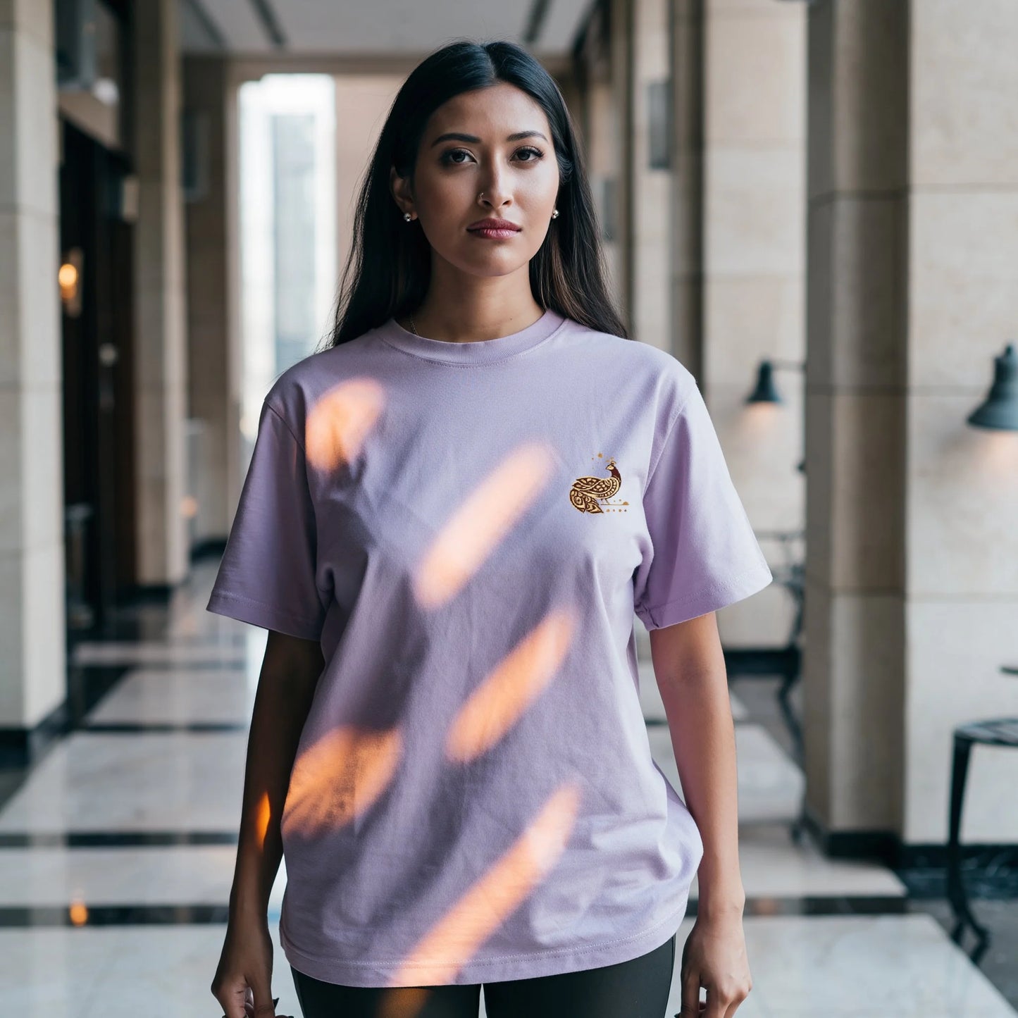 Supima cotton lavender t shirt peacock graphic minimal design left chest premium unisex tee