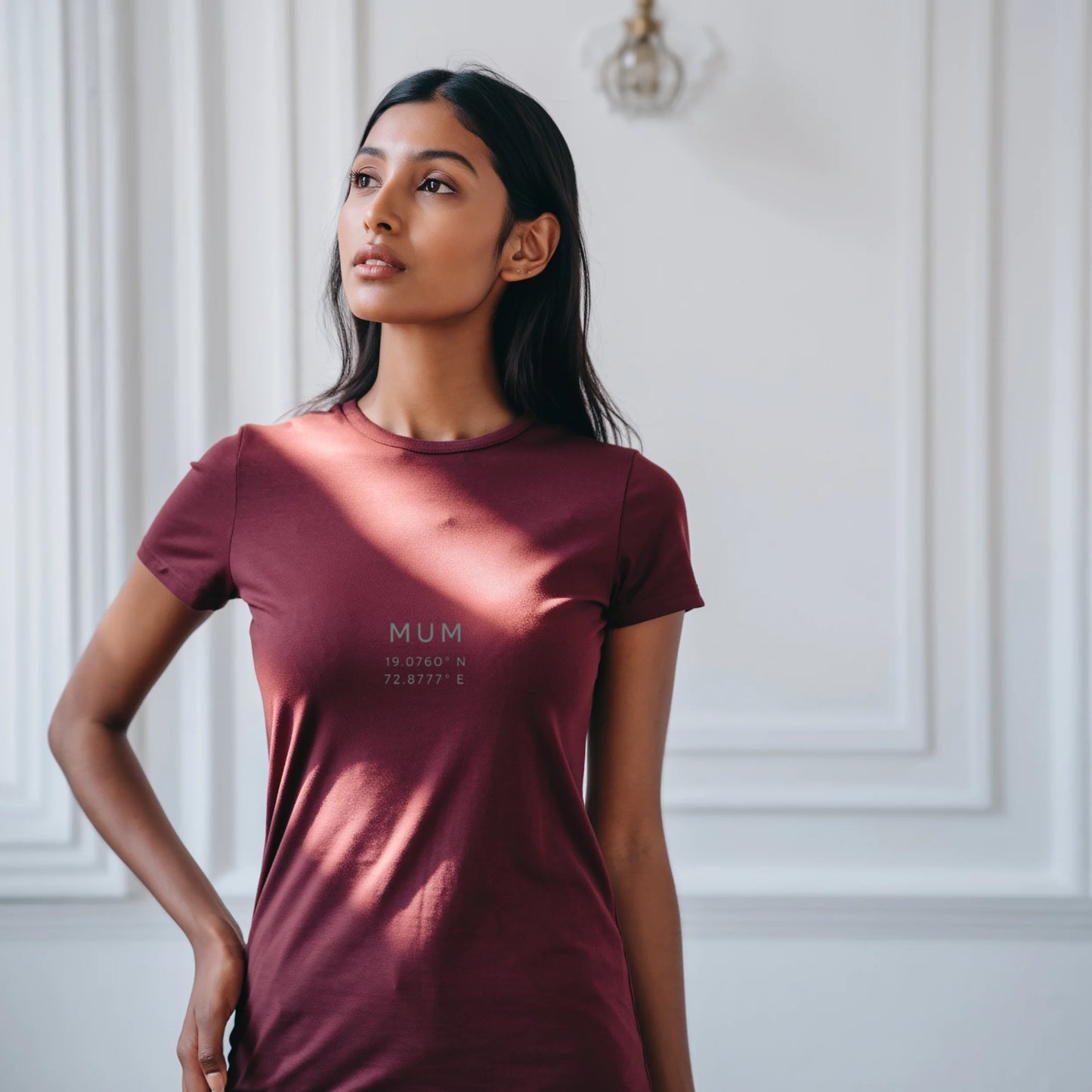 Maroon women’s Supima cotton t-shirt with understated typography, rich color premium casual wear for women