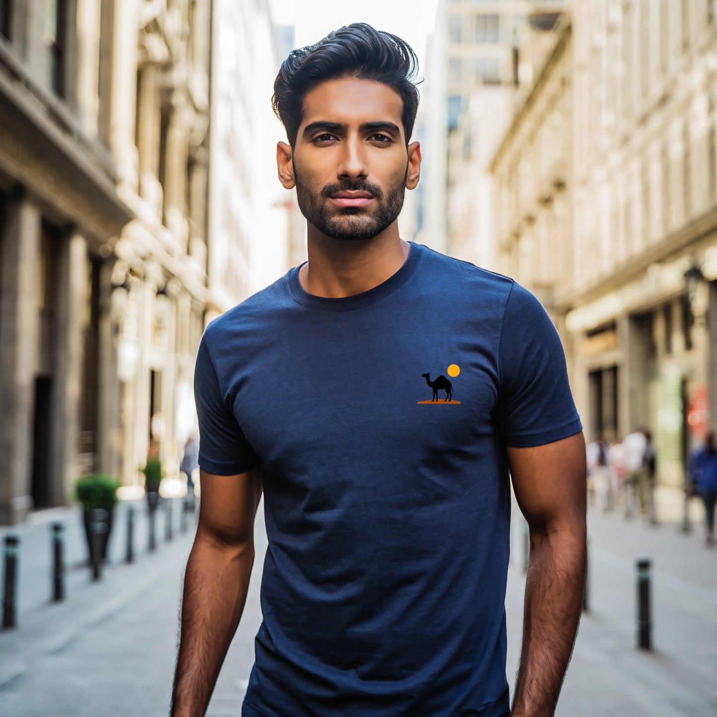 Navy blue men’s premium Supima cotton t-shirt with refined minimalist graphic, elegant everyday luxury fashion