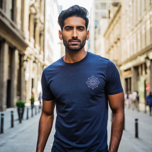 Male model wearing a Navy Blue Lilak Supima cotton T-shirt featuring a minimal lavender mandala design on the chest, standing in a softly lit modern indoor setting with natural light and decor in the background
