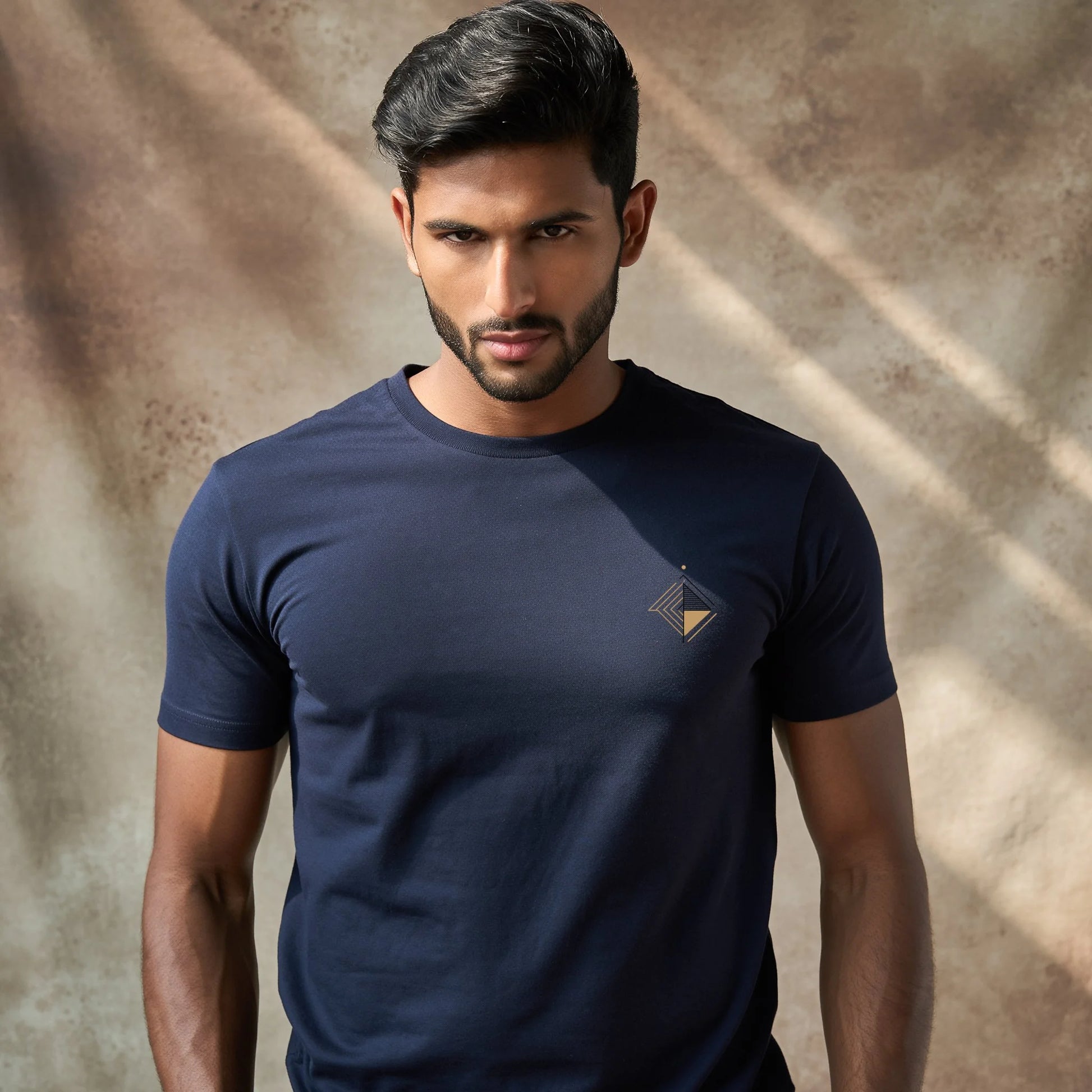 Supima cotton navy blue t shirt geometric arrow design left chest premium unisex tee