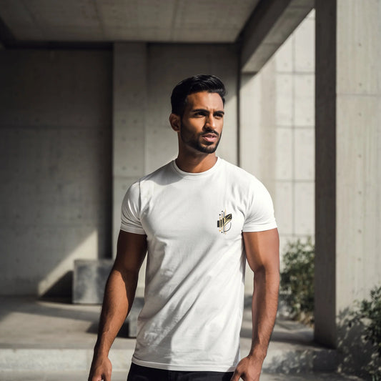 Supima cotton white t shirt with minimal abstract flow design left chest premium unisex tee