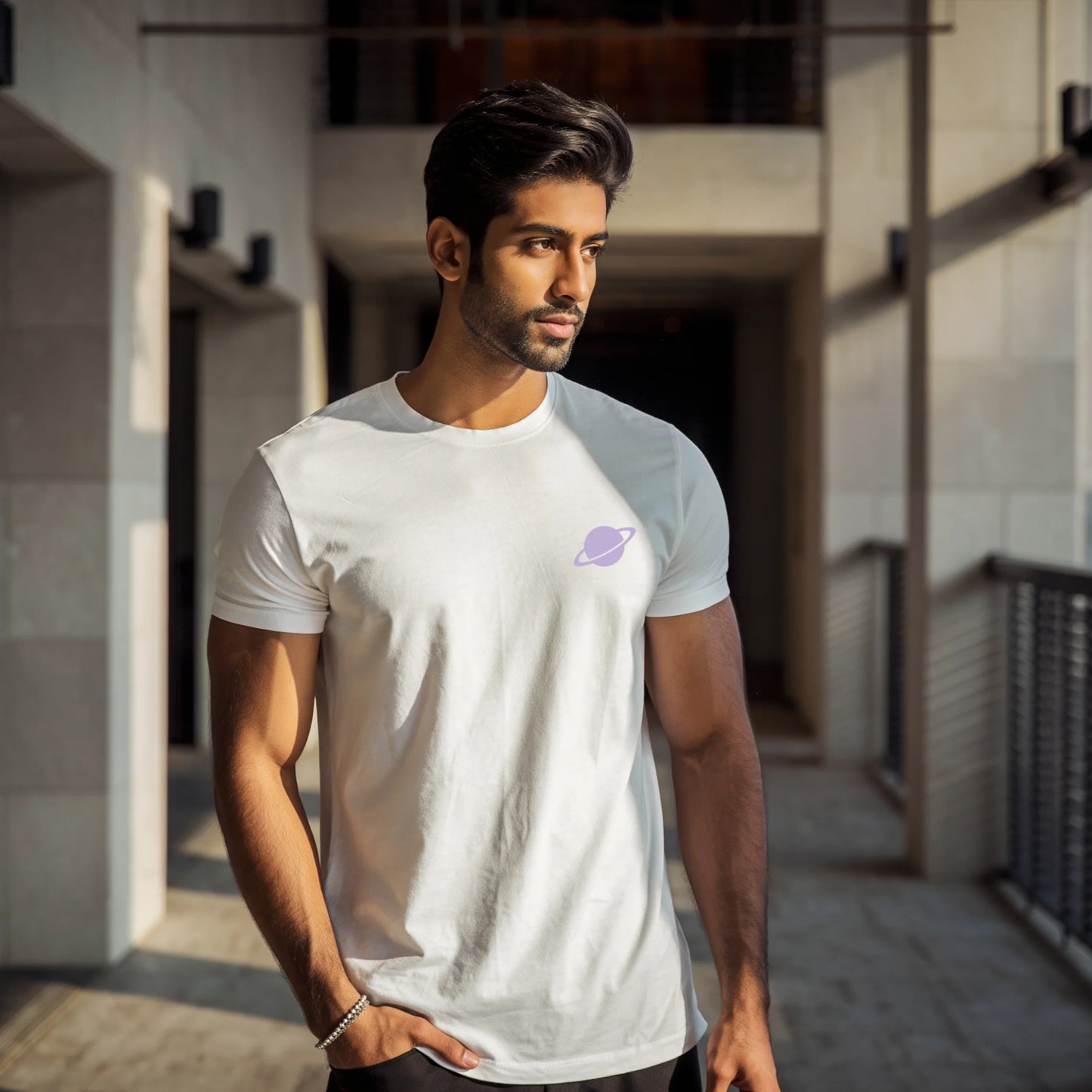 Unisex Supima Cotton T-Shirt - Saturn Ring Glow Thread Effect | Premium Space-Inspired Tee